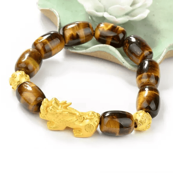 Golden Barrel Bead Tiger's Eye Pixiu Bracelet