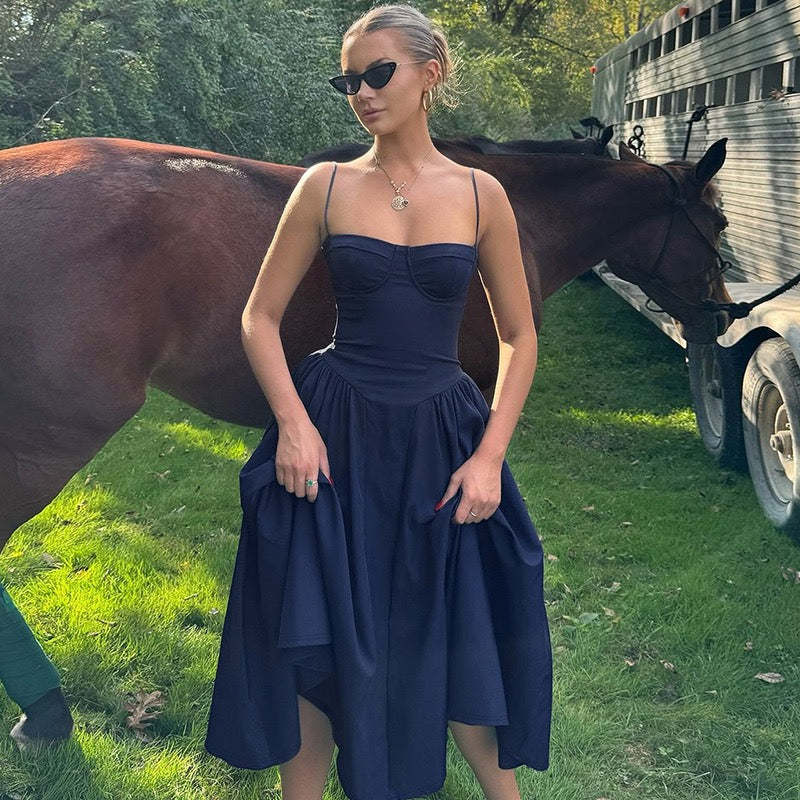 Navy Corset Midi Dress – Elegant A-Line Slip Dress
