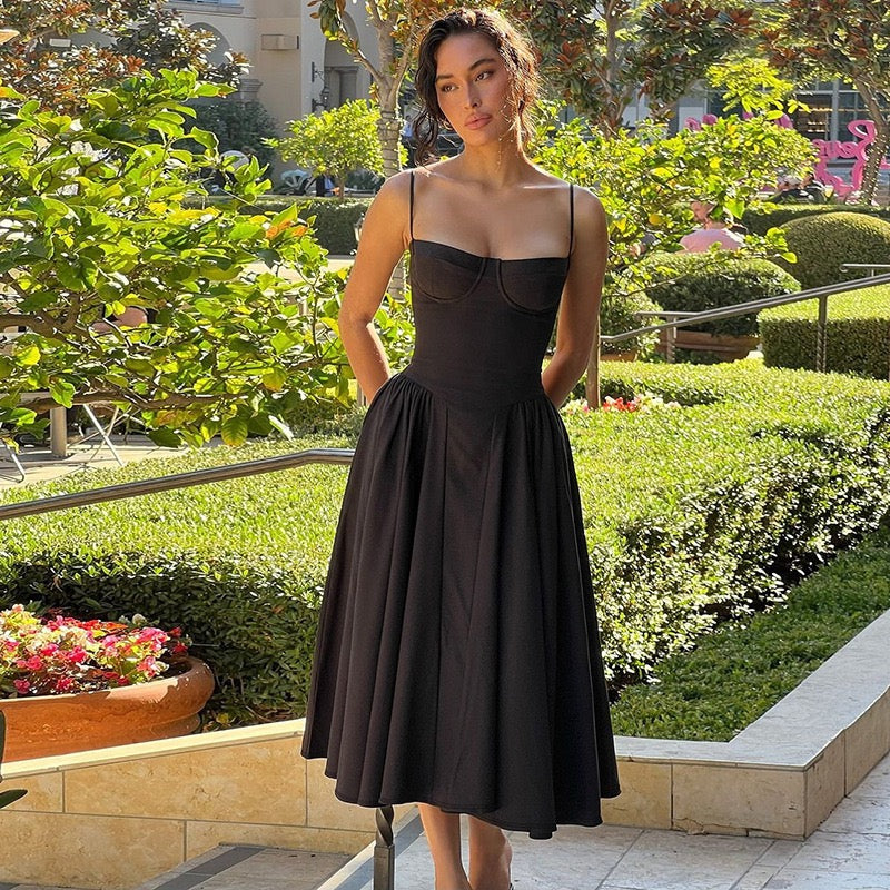 Navy Corset Midi Dress – Elegant A-Line Slip Dress