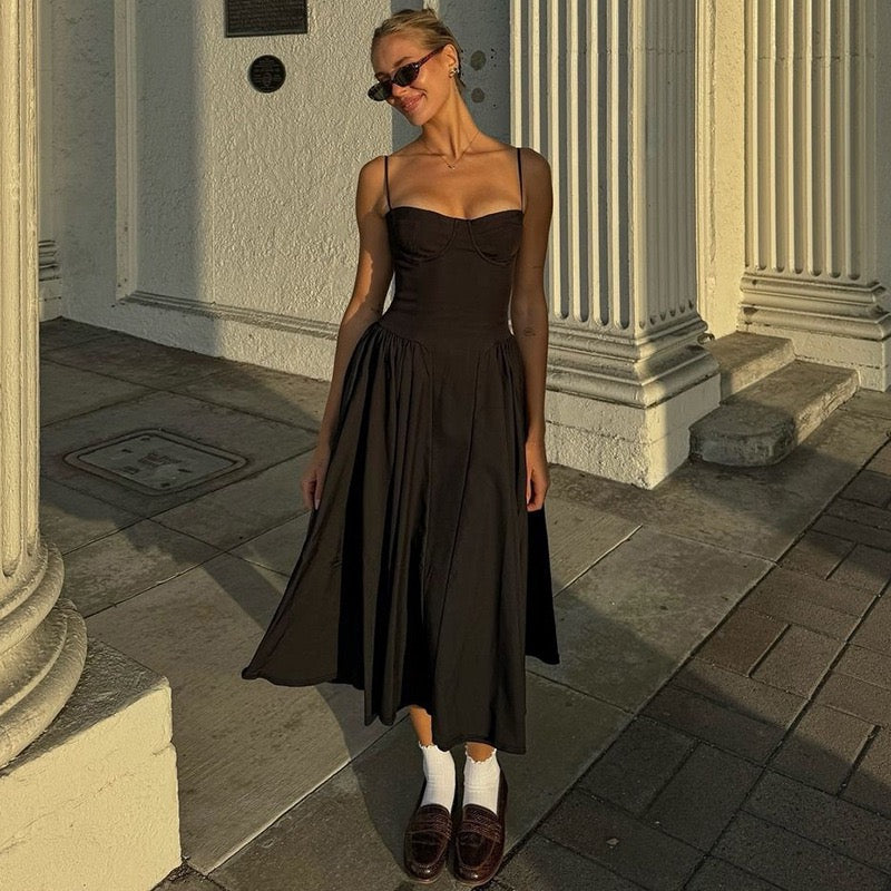 Navy Corset Midi Dress – Elegant A-Line Slip Dress