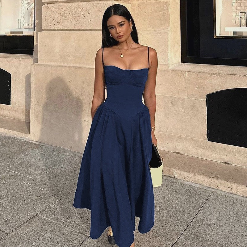 Navy Corset Midi Dress – Elegant A-Line Slip Dress