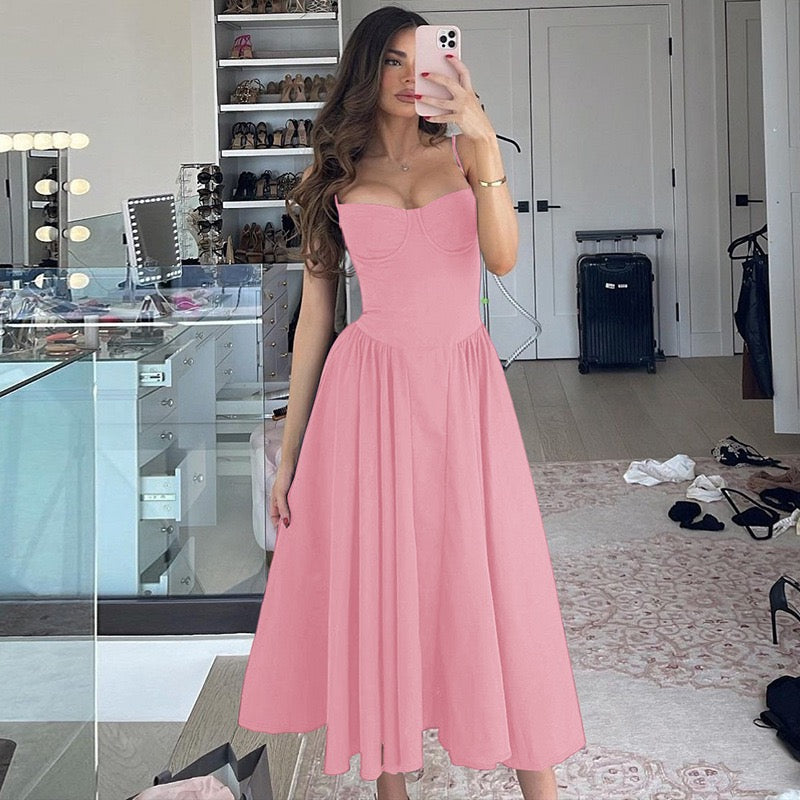 Navy Corset Midi Dress – Elegant A-Line Slip Dress