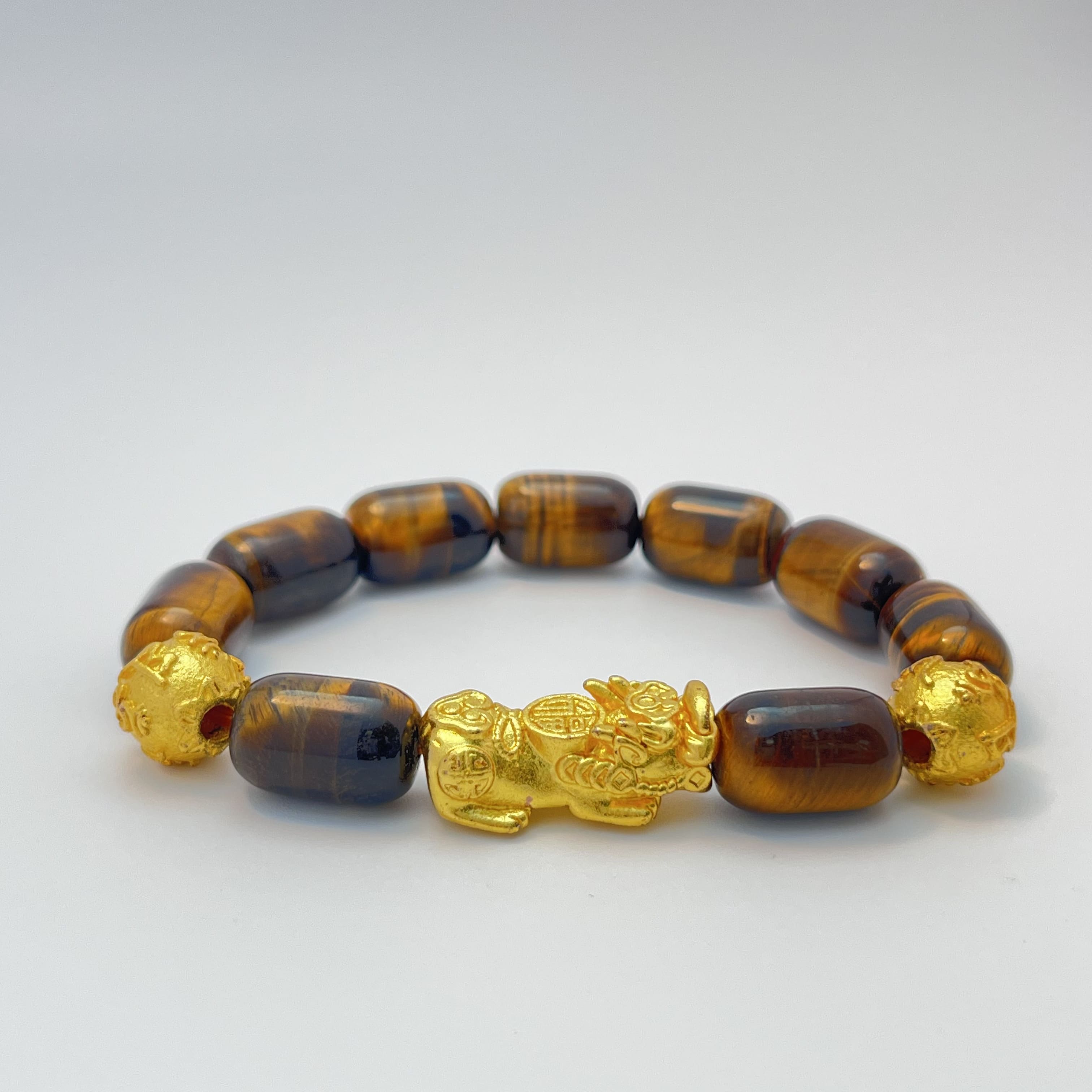 Golden Barrel Bead Tiger's Eye Pixiu Bracelet