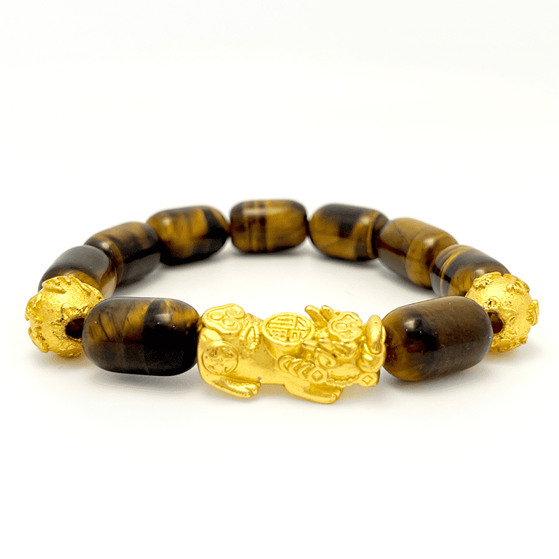 Golden Barrel Bead Tiger's Eye Pixiu Bracelet