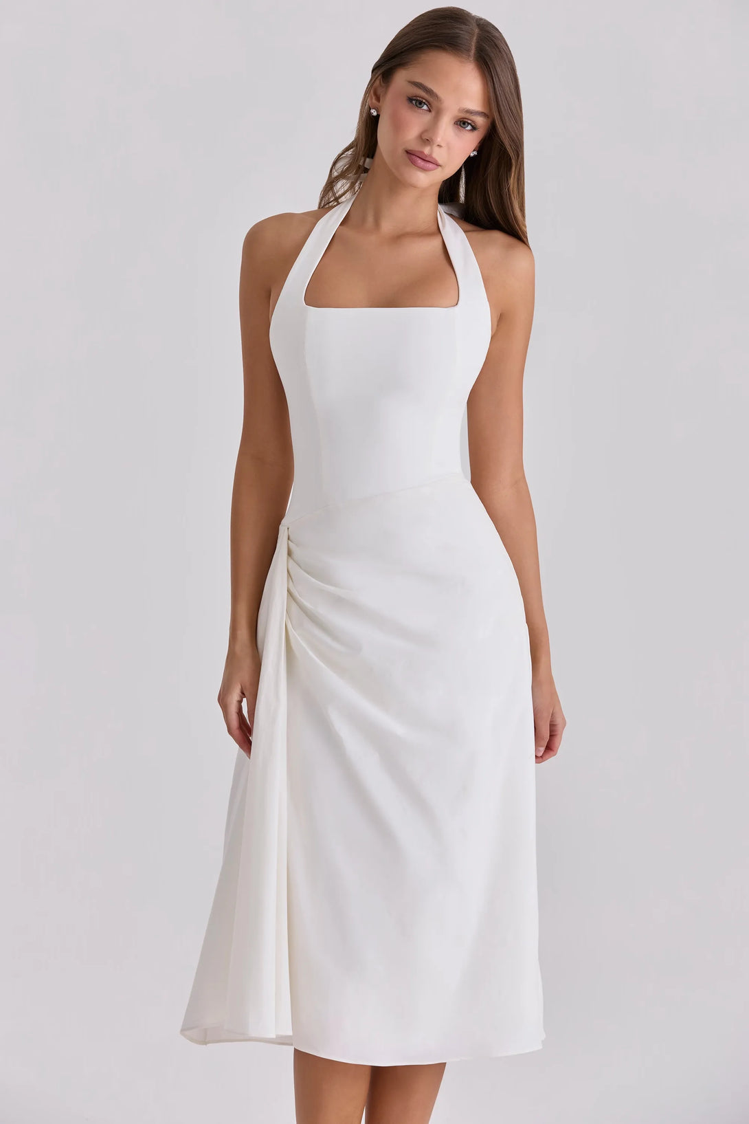 beau halter ruched midi dress Shona Joy Beau Halter Ruched Midi Dress