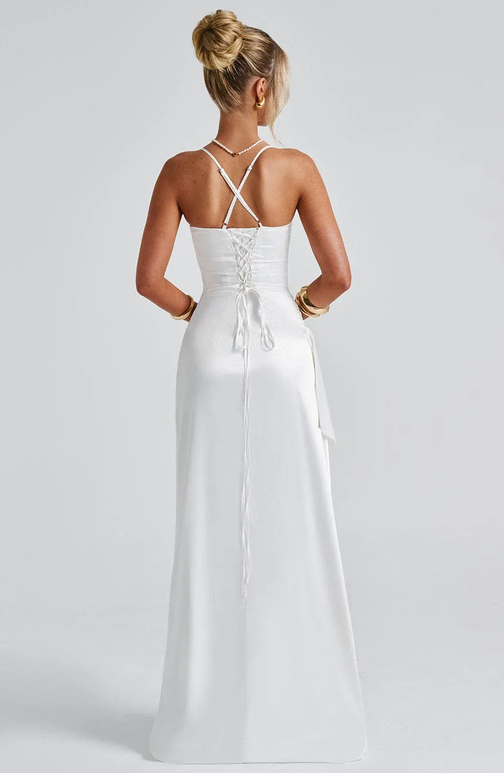Satin Ruched Slit Maxi Gown