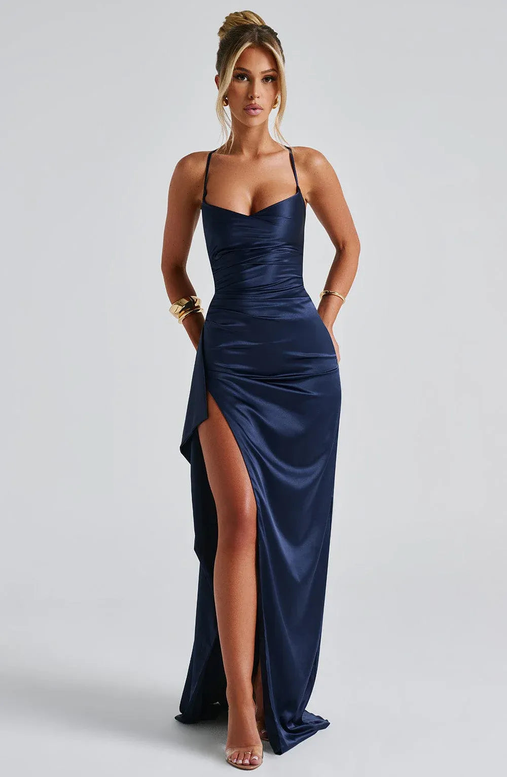 Satin Ruched Slit Maxi Gown