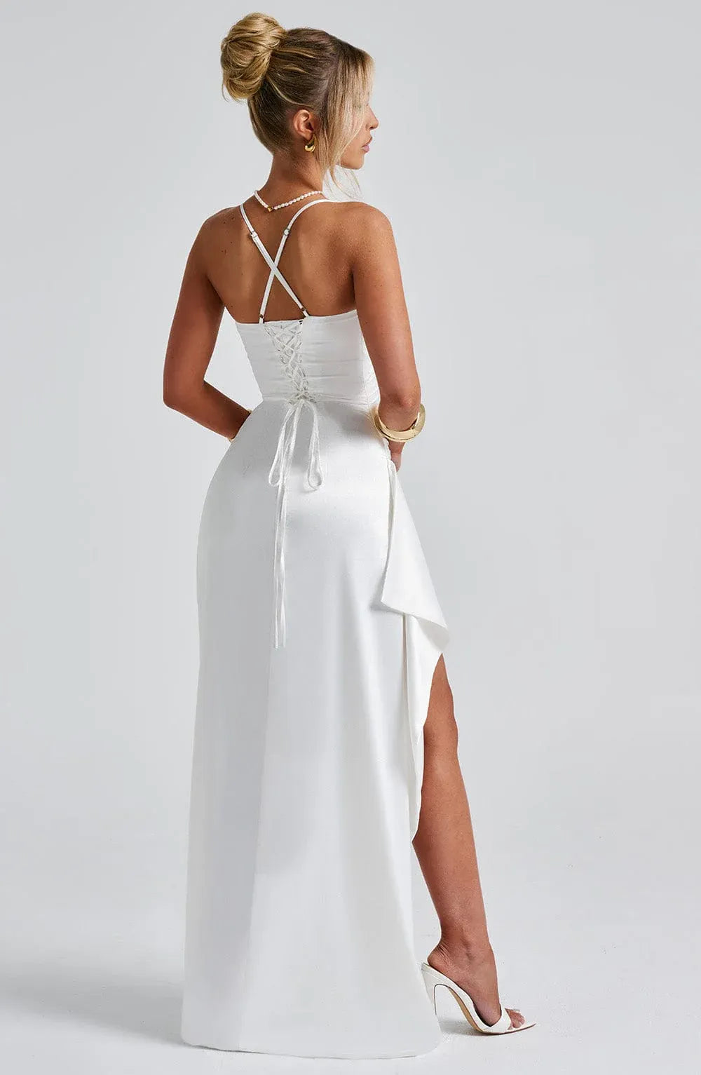 Satin Ruched Slit Maxi Gown