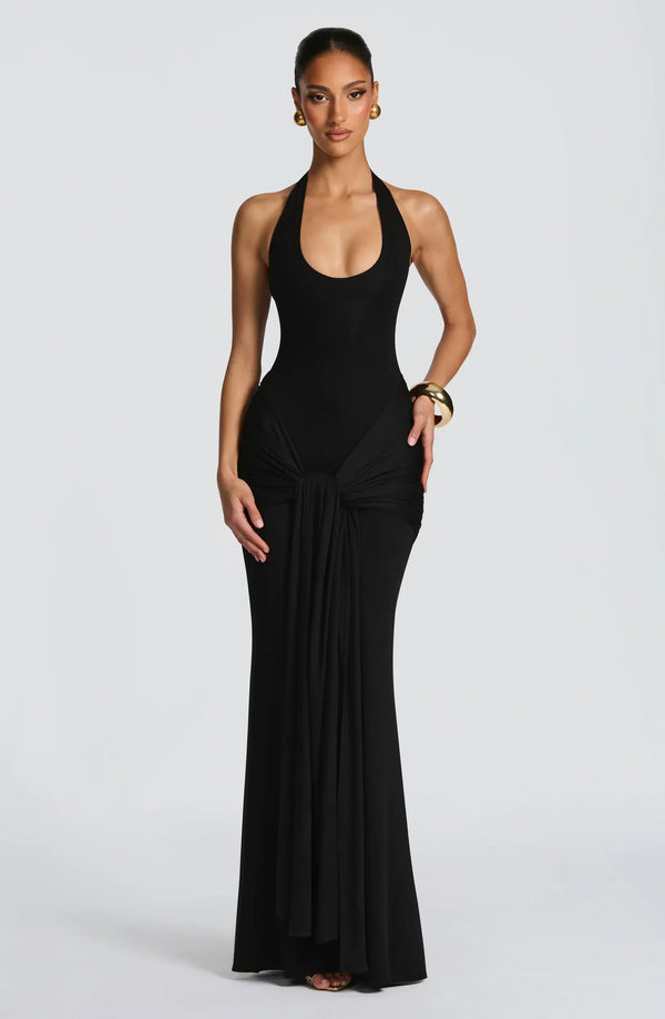 black maxi dress with gold hardware Ruched & Ready sculpted off-shoulder gold hardware detail ruched bodycon maxi dress in black