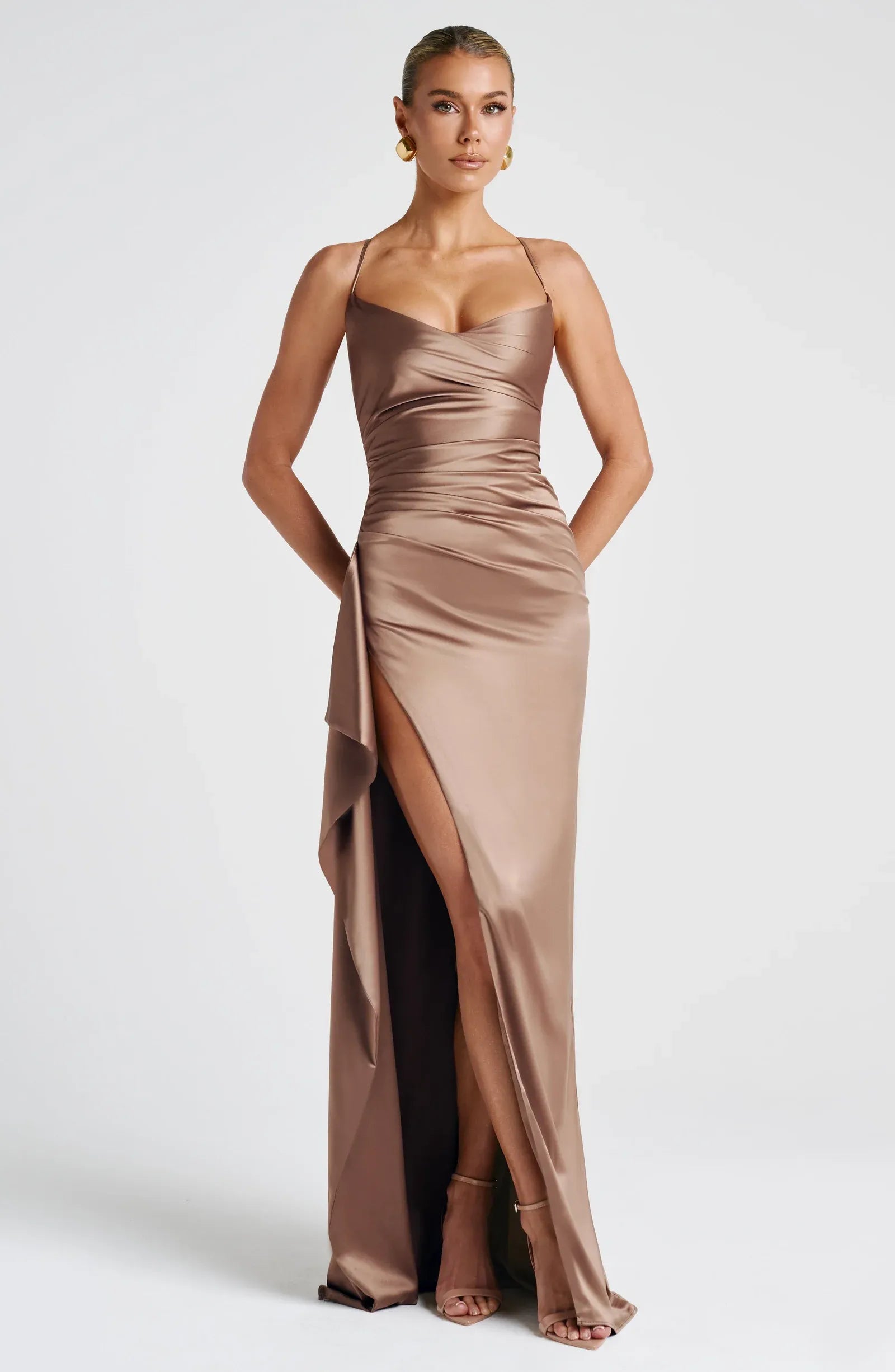 Satin Ruched Slit Maxi Gown