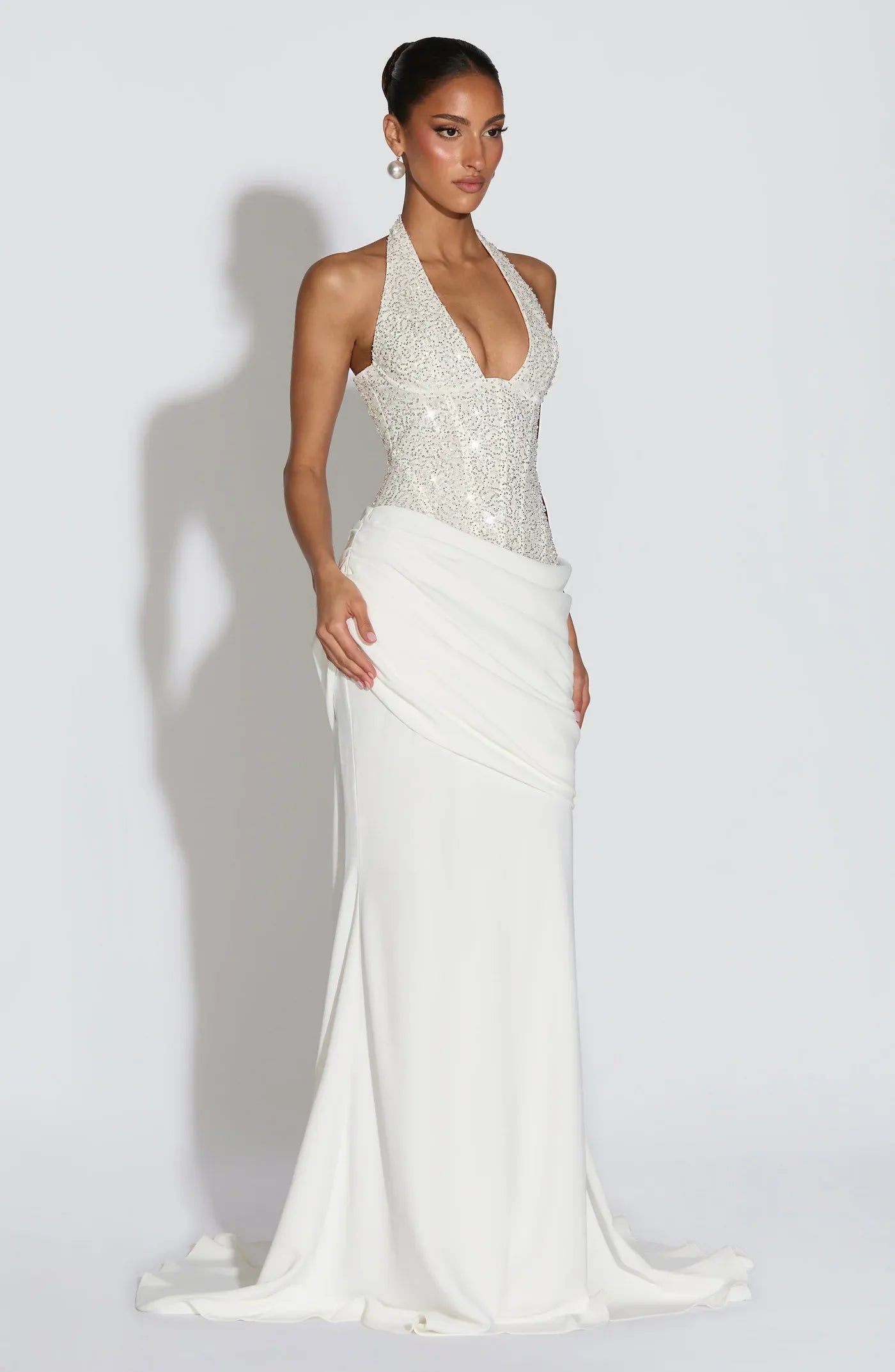 Sequin Halter Drape Maxi