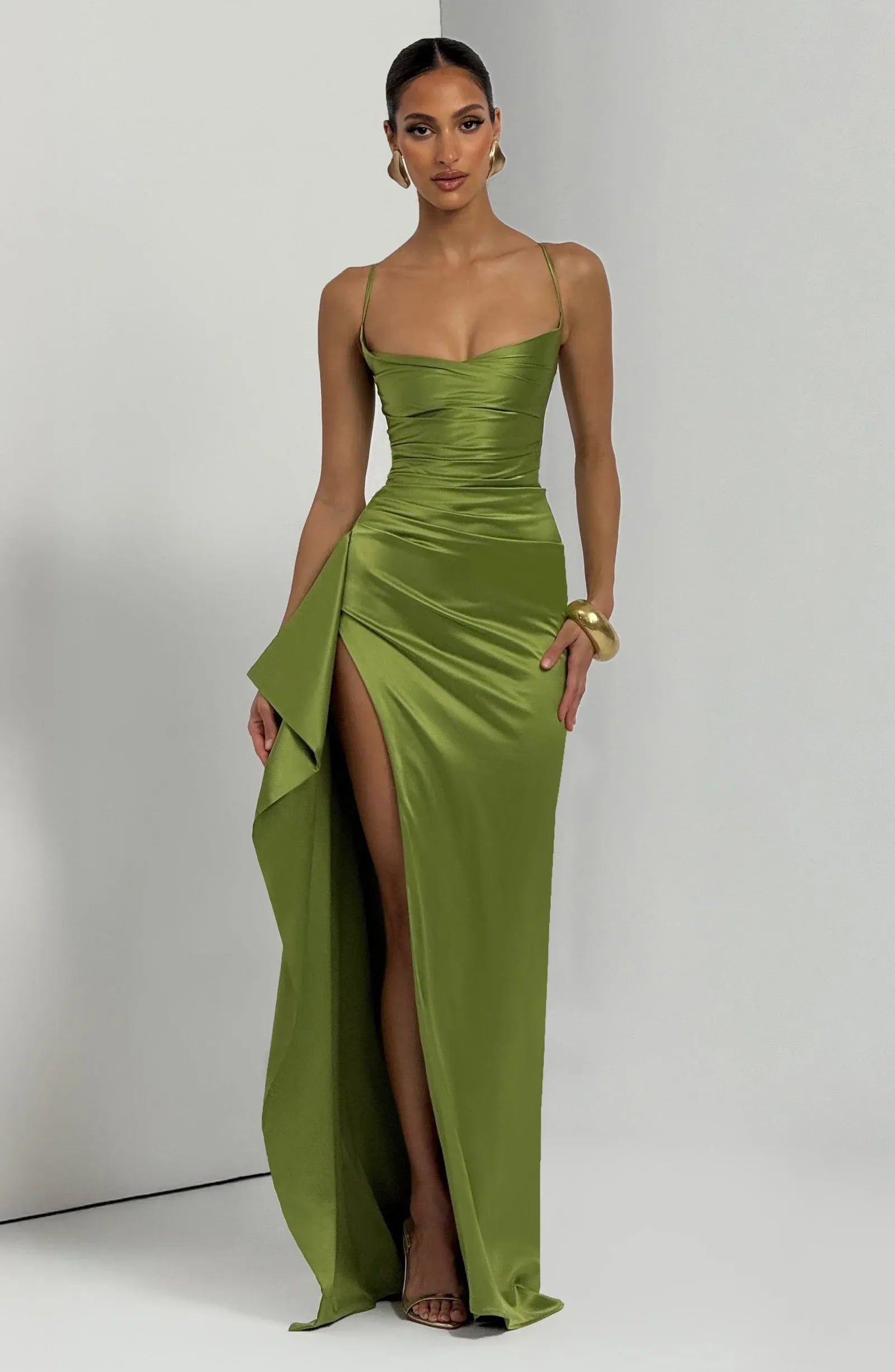 Satin Ruched Slit Maxi Gown