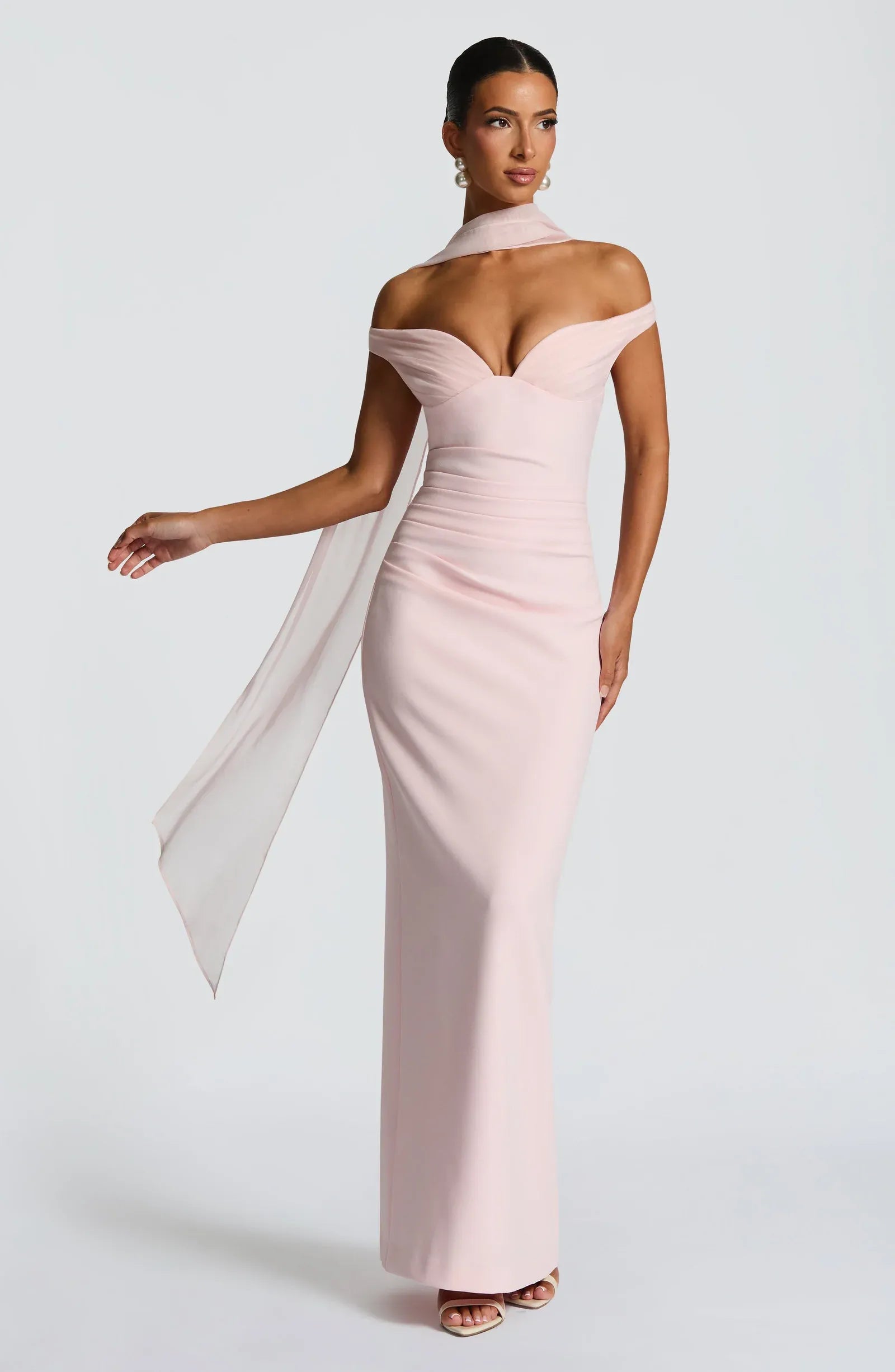 Draped Scarf Off-Shoulder Gown