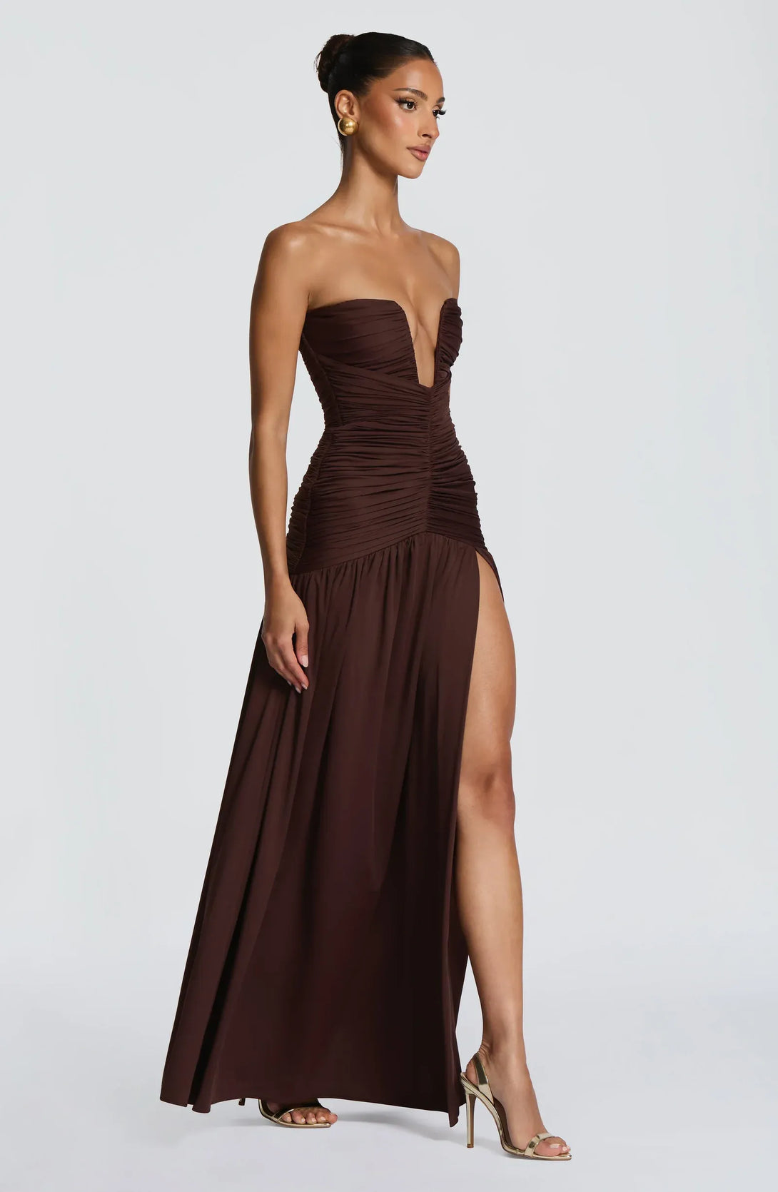 strapless ruched modal cashmere blend maxi dress in chestnut brown Junia Strapless Ruched Maxi Dress ELYCHARM LTD