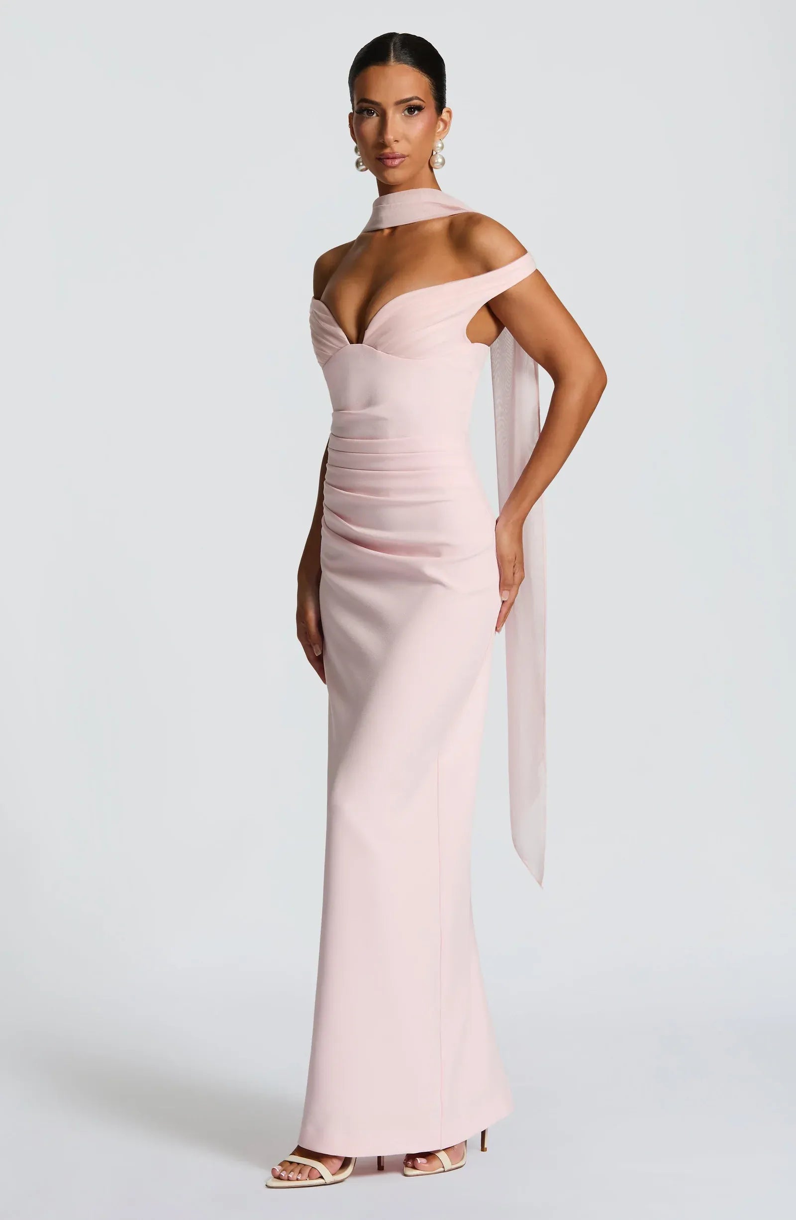 Draped Scarf Off-Shoulder Gown