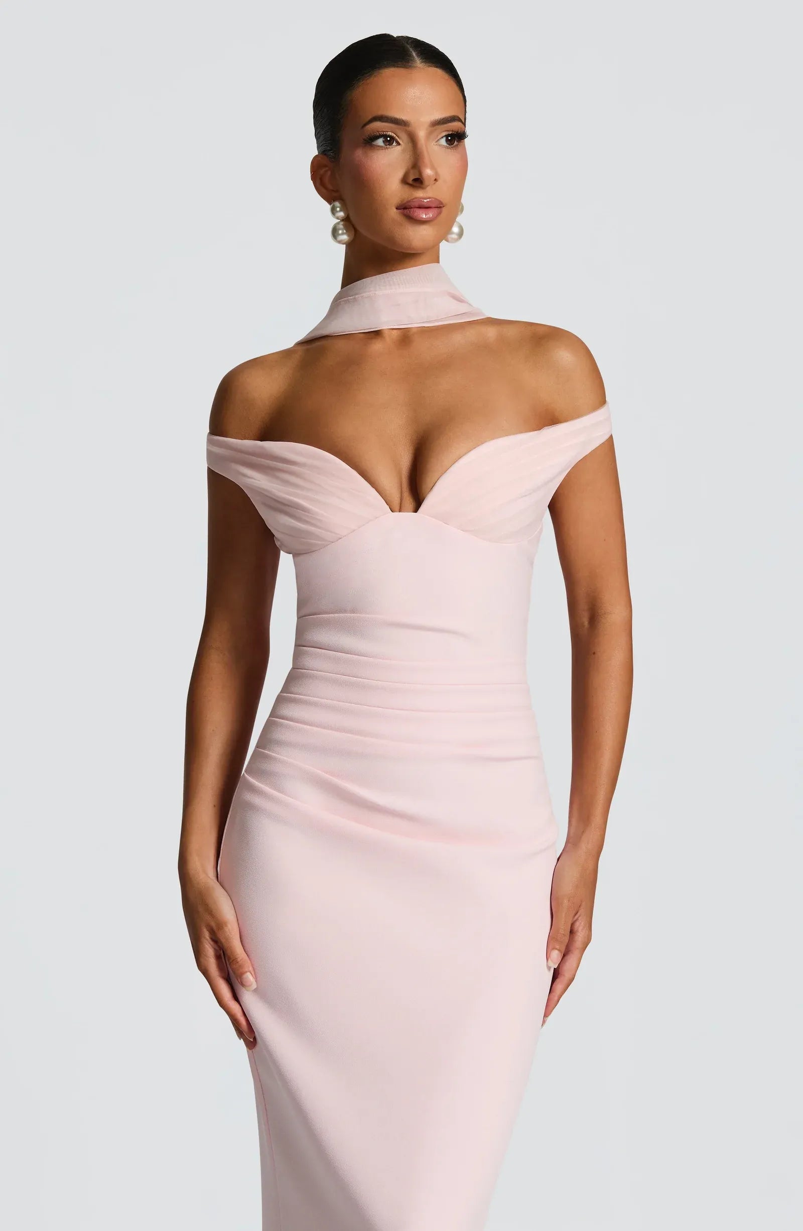 Draped Scarf Off-Shoulder Gown