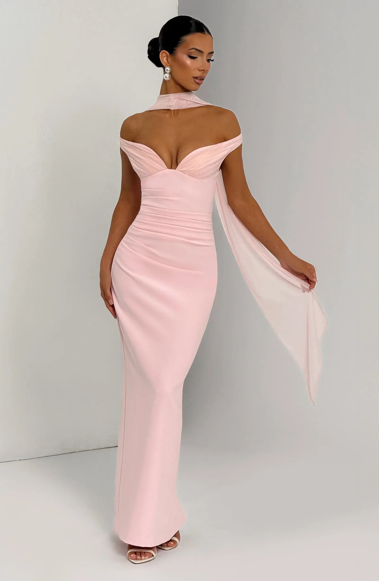 Draped Scarf Off-Shoulder Gown